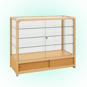 Premium Glass Counter With LED Lights, Locks, And Spotlights – Gold Finish | 50cm X 120cm X 90cm