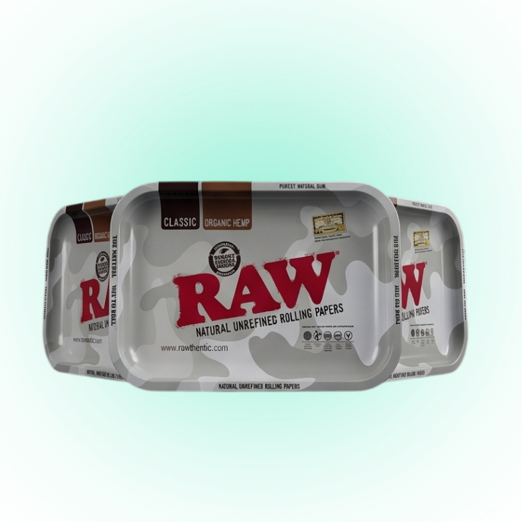 RAW Camo Grey Rolling Tray – Medium Metal Organizer with Deep Arctic Dish Design