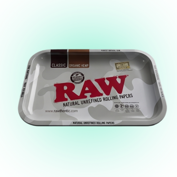 RAW Camo Grey Rolling Tray – Medium Metal Organizer with Deep Arctic Dish Design