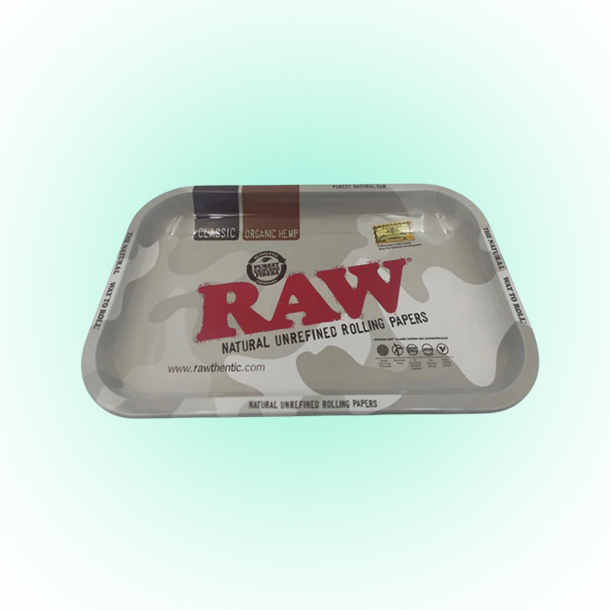 RAW Camo Grey Rolling Tray – Medium Metal Organizer with Deep Arctic Dish Design