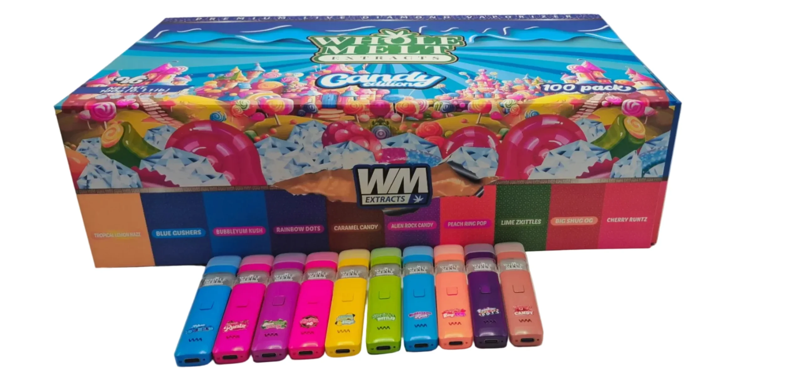 Whole Melt Extracts Candy Edition Empty Cart 1.0G Box of 100 (10 Different Flavours) | Rechargeable Vape Device | Multiple Packaging