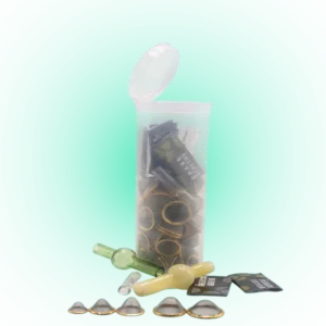 100 PCS Conical Pipe Filter Gauze (12–22mm) + Brass Screens (Gold & Silver) – 60 Dram Storage Container