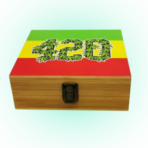 Reggae Flag 420 Snuff Wooden Box – Large Wooden Tobacco Rolling Box with Glass Ashtray & Smoking Pipe