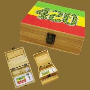 Reggae Flag 420 Snuff Wooden Box – Large Wooden Tobacco Rolling Box with Glass Ashtray & Smoking Pipe