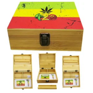 Reggae Leaf 420 Snuff Wooden Box – Large Wooden Tobacco Rolling Box with Glass Ashtray & Smoking Pipe