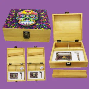 Skull Snuff Wooden Box – Large Wooden Tobacco Rolling Box with Glass Ashtray & Smoking Pipe