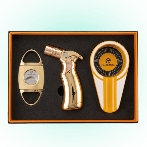 Luxury HANNICOOK 3-Piece Cigar Gift Set Torch Lighter, Stainless Steel Cigar Cutter & Ashtray