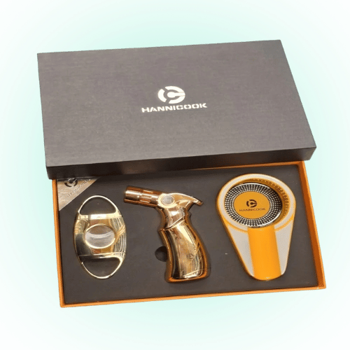 Luxury HANNICOOK 3-Piece Cigar Gift Set Torch Lighter, Stainless Steel Cigar Cutter & Ashtray