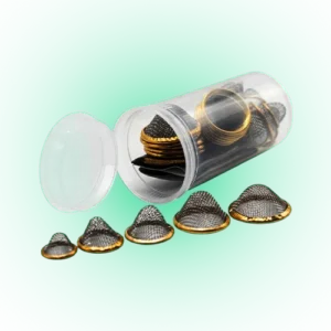 25 PCS Conical Pipe Filter Gauze Set – All Sizes (12mm, 15mm, 17mm, 20mm, 22mm) Brass Screens with 13 Dram Storage Container