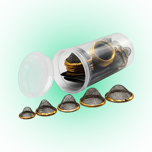 25 PCS Conical Pipe Filter Gauze Set – All Sizes (12mm, 15mm, 17mm, 20mm, 22mm) Brass Screens with 13 Dram Storage Container