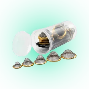 25 PCS Conical Pipe Filter Gauze Set – All Sizes (12mm, 15mm, 17mm, 20mm, 22mm) Brass Screens with 13 Dram Storage Container