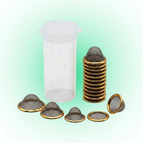 25 PCS Conical Pipe Filter Gauze Set – All Sizes (12mm, 15mm, 17mm, 20mm, 22mm) Brass Screens with 13 Dram Storage Container