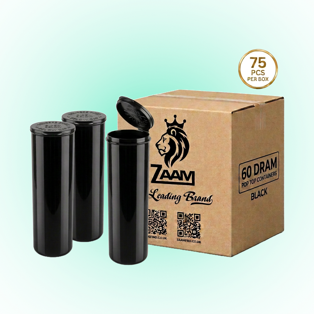 60 Dram Black Pop Top Containers – 75 Pack | PP Plastic | 13.5 x 4.5 cm
